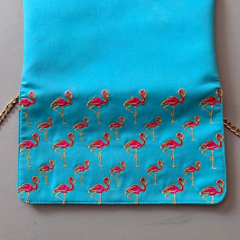 SHIRALEAH CHICAGO Satin Embroidered Flamingo Clutch Gold Chain Shoulder Bag - Picture 2 of 10